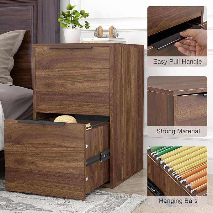 2 Drawer File Cabinets, Wood File Cabinet with Hanging Bar for Letter Size, Under Desk Drawer, Small File Cabinets for Home Office, Dark Walnut