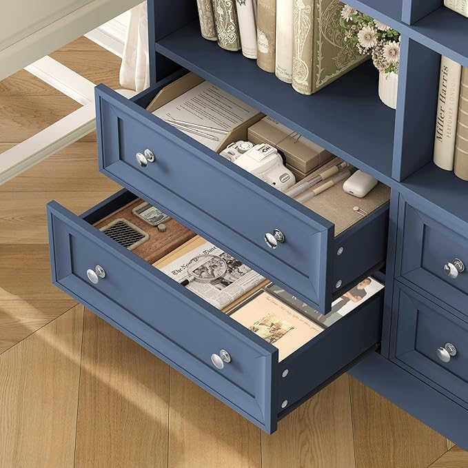 FINETONES 71" Tall Bookshelf with 4 Drawers, 6-Tier Double Wide Bookshelves and Bookcases with Storage, Blue Bookshelf Large Open Bookshelves Standing Book Cabinet for Home Office
