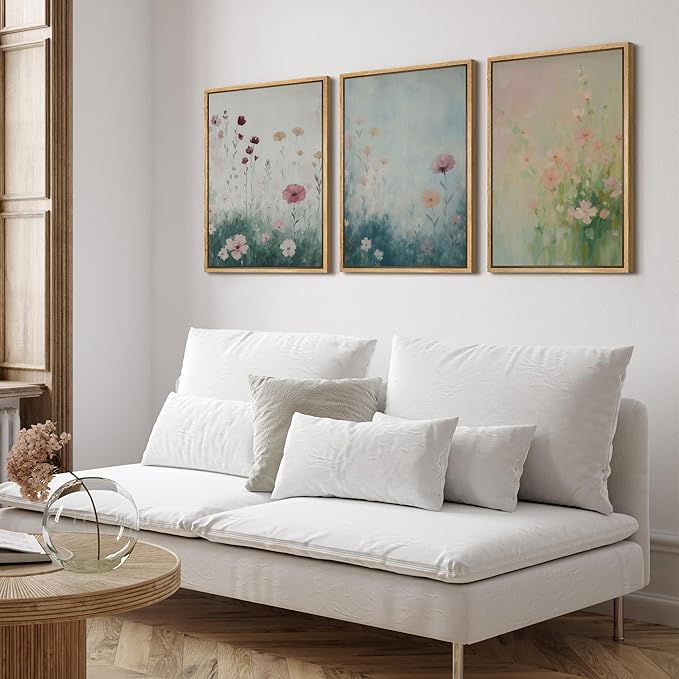 SIGNFORD Framed Wall Art Print Set Pastel Wildflower Meadow Soft Botanical Digital Art Modern Art Contemporary for Living Room, Bedroom, Office - 16"x24"x3 NATURAL