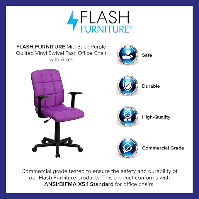 Flash Furniture Clayton Mid-Back Purple Quilted Vinyl Swivel Task Office Chair with Arms