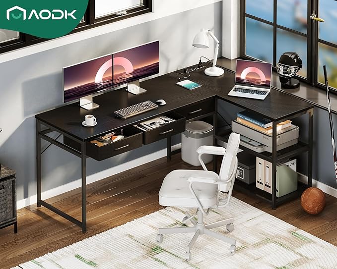 AODK 61 Inch L Shaped Computer Desk with Drawers, Corner Desk with Power Outlets & Reversible Storage Shelves, for Home Office Gaming, Black