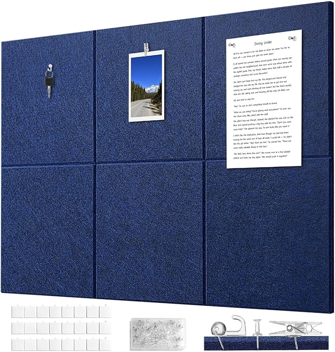 Felt Wall Tiles Bulletin Board Large Cork Board Alternative 6 Pack 11.81”x11.81”x0.47” Felt Pin Board Tack Board with Safe Removable Adhesive Tabs for Home Office School 36x24 (Dark Blue)