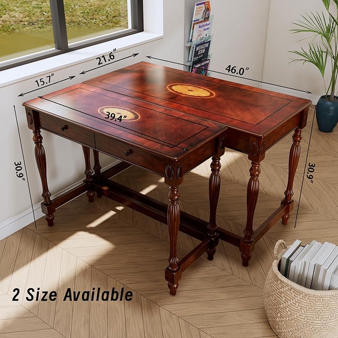 Solid Wood Computer Writing Desk with 2 Storage Drawers, Traditional Vanity Dressing Table, Small Home Office Desk, Corner Table, Easy Assembly 39.37” x 15.74” x 30.9” Cherry Red Walnut SSZ1533WD