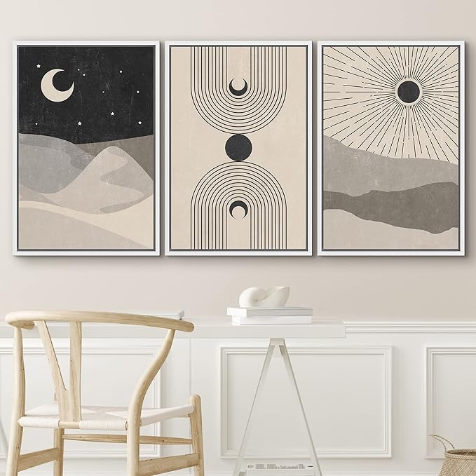 IDEA4WALL Framed Canvas Print Wall Art Set Crescent Moon Shining Sun Tropical Desert Astronomy & Space Nature Illustrations Modern Art Rustic for Living Room, Bedroom, Office - 24"x36"x3 White