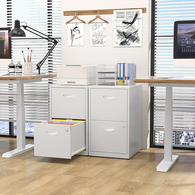 2 Drawer File Cabinet with Lock,White Metal Filing Cabinets,Vertical Locking File Cabinet Fit Hanging Files, Letter,File Box and A4 Documents(White)