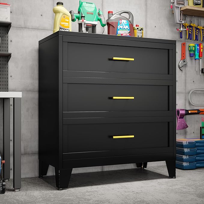 3 Drawer Metal File Cabinet, Bedroom Dresser Drawers, Multi-Functional Accent Drawers Cabinet, Lateral File Cabinets for Collection and Storage Small Size Files (Black)
