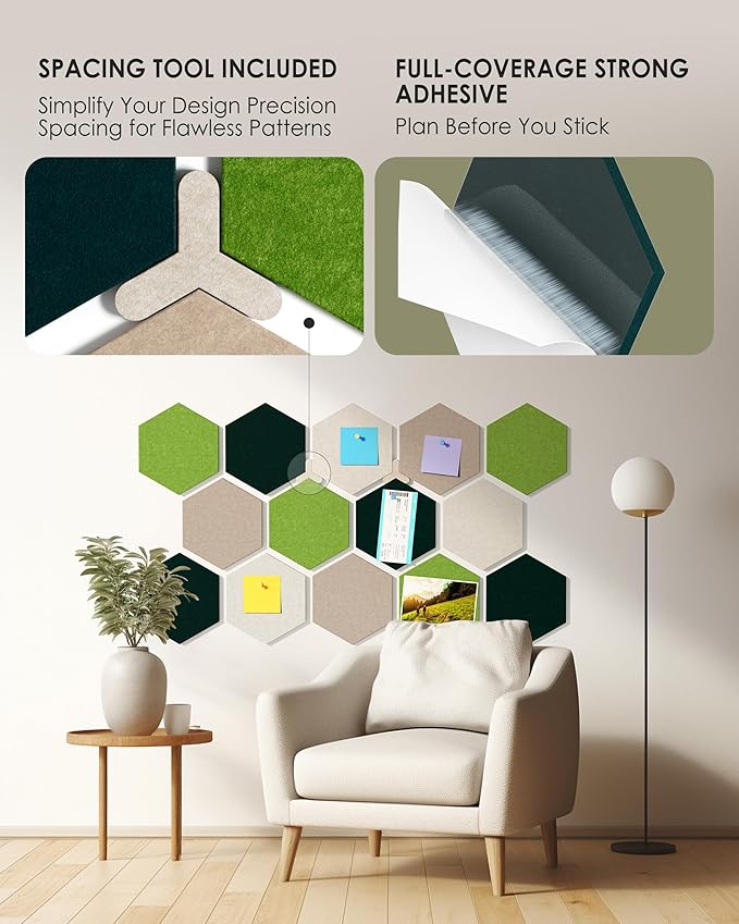 MaxGear 8Pcs Hexagon Felt Cork Board Tiles, Green Self-Adhesive DIY Bulletin Board Pin Board for Office School Home Wall Decor Stickers Photos Display Memos