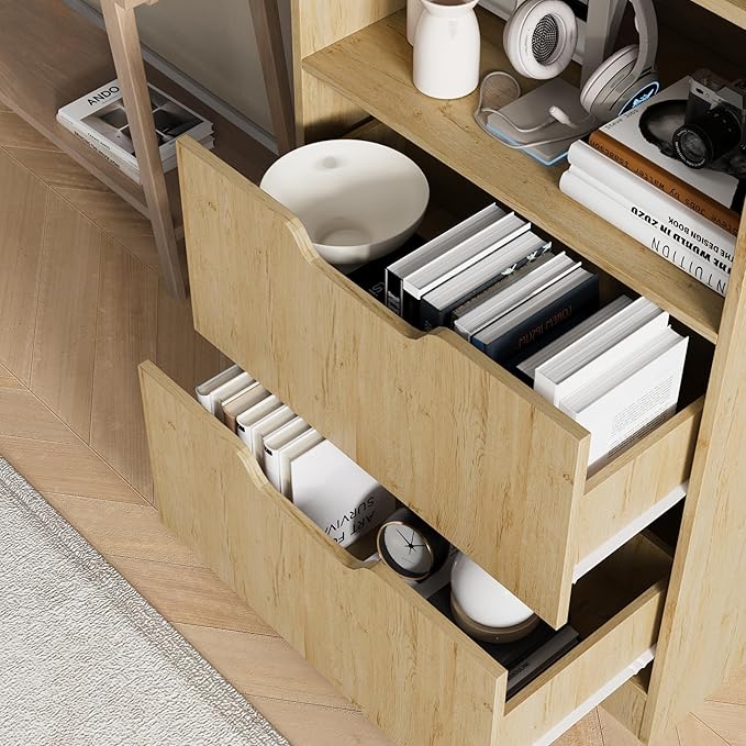 Bookcase with 2 Drawers, 3-Tier Bookshelf with Storage, 3 Shelf Bookshelf with Adjustable Shelf, Modern Bookshelf, Open Shelves for Study, Bedroom & Home Office, Natural