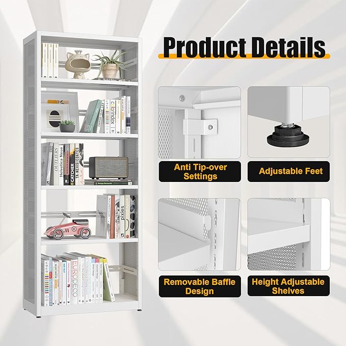 5 Tiers Bookshelf, Metal Storage Organizer Book Rack, Modern White Bookcase Shelf, Utility Shelf, Adjustable Garage Shelving, Organizer Rack for Kitchen, Laundry, Garage, Bathroom, Pantry, Office