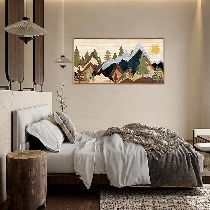 Mountain Pine Tree Framed Canvas Wall Art Set, Nature Wilderness Illustration Wall Decor, Woodcut Forest Wall Painting, Mid Century Modern Art Print for Living Room Bedroom Office 20"x40"