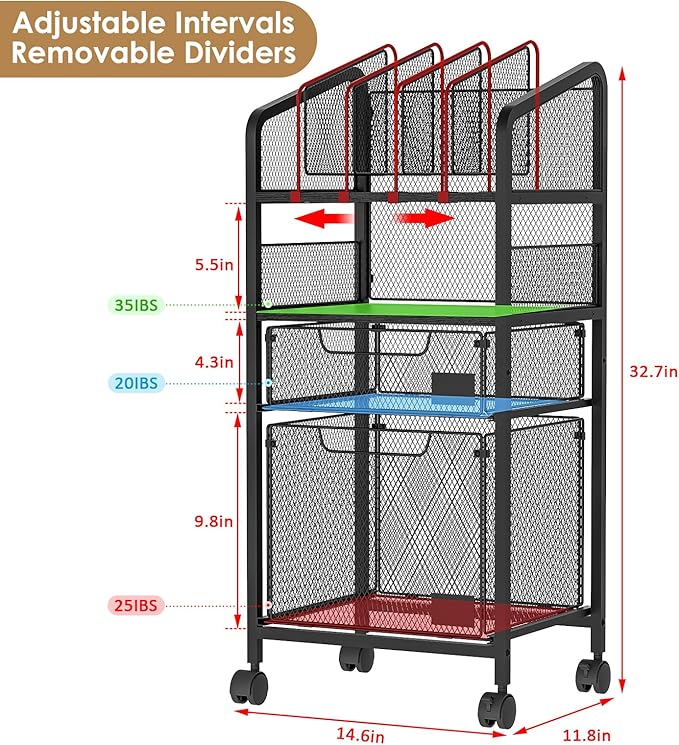 2 Drawer File Cabinet with Adjustable Dividers, 4-Tier Mobile Vertical Filing Cabinet on Lockable Wheels, Hanging File Organizer Cart for Letter-Size,Rolling Utility Cart for Home Office