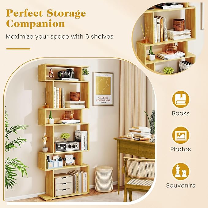 Giantex 6-Tier Geometric Bookshelf, S-Shaped Bookcase with 2 Anti-Tipping Kits, Wooden Display Shelf, Decorative Storage Shelving Unit, Home Storage Organizer for Office Living Room, Burlywood