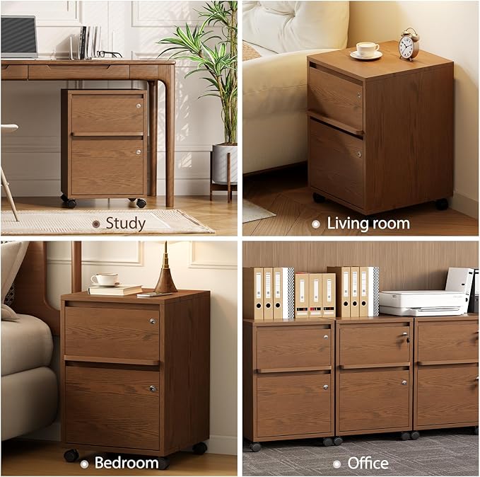 KungFuWood Wheeled Double-Drawer Filing Cabinet, Lockable Metal Filing Cabinet, Suitable for Home Offices or Storage cupboards for Storing Legal documents or Letter-Sized Files.