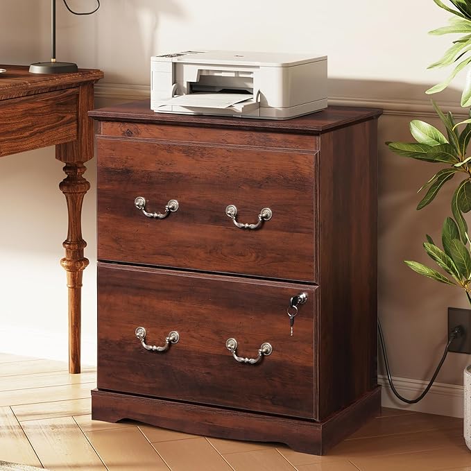 DEVAISE 2 Drawer File Cabinet,Lateral Vintage Farmhouse Wood Filing Cabinet with Lock & Charging Station for Letter/Legal/A4 Size, Brown Oak