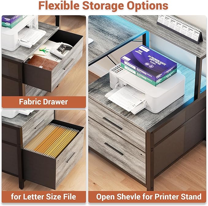 Aheaplus L Shaped Desk with File Drawer, 66" Reversible L Shaped Computer Desk with Power Outlet & LED Strip, Gaming Desks with Monitor Stand, Office Desk Corner Desk with Storage Shelf, White Oak