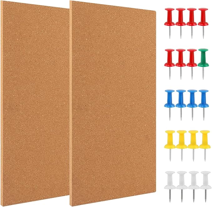2 Pack Rectangle Cork Boards for Walls,1/2" Thick Cork Tiles with 20 Push Pins,Self-Adhesive Frameless Bulletin Board for School,Home & Office(Size:17x8x0.5 inch)