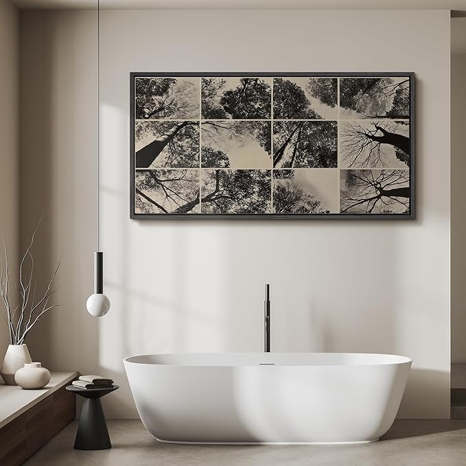 SIGNFORD Extra Large Framed Canvas Print Wall Art Black and White Forest Canopy Grid Collage Illustrations Modern Art Calm Warm for Living Room, Bedroom, Office - 60"x30"