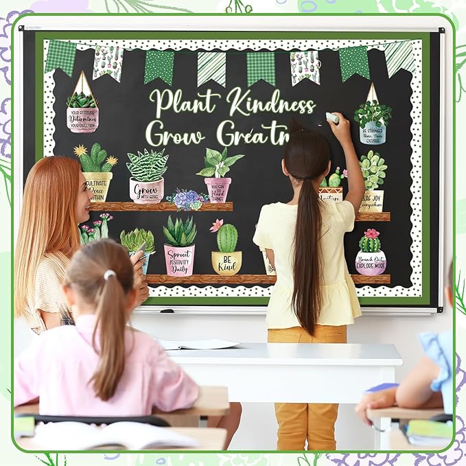 55 Pcs Plant Bulletin Board Decoration Plant Kindness Grow Greatness Bulletin Board Set Greenery Cutouts Positive Succulent Potted Kits for Back to School Classroom Elementary Teacher Decor