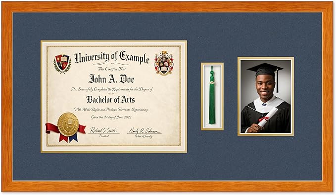 Diploma Tassel and Photo Shadowbox Fits 13 x 10 College Diploma (Traditional) with Tassel Honey Oak Genuine Hardwood with Navy Blue Over Metallic Gold Double mat