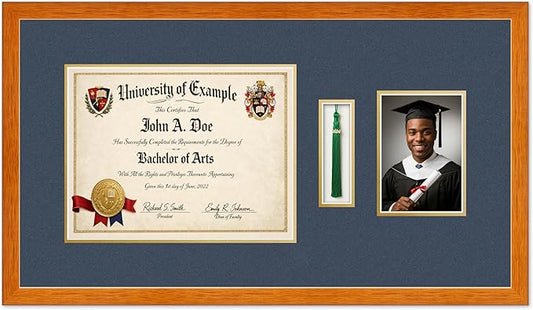 Diploma Tassel and Photo Shadowbox Fits 13 x 10 College Diploma (Traditional) with Tassel Honey Oak Genuine Hardwood with Navy Blue Over Metallic Gold Double mat