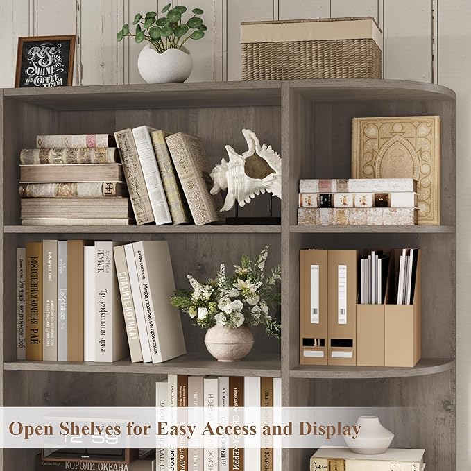 HOSTACK 75" Tall Book Shelf and Bookcase, 6 Tier Bookshelf with Storage, 47" Wide Bookcase with Door, Freestanding Wood Display Shelves with Book Storage Cabinet for Home Office, Living Room, Ash Grey