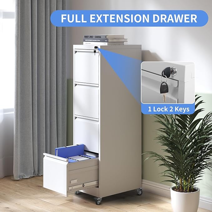 4 Drawer File Cabinet with Wheels, Metal Filing Cabinet with Lock and Wheels, Rolling Filing Storage Home Office, Vertical File Cabinets for Hanging Legal/Letter Size Files, Assembly Required, White