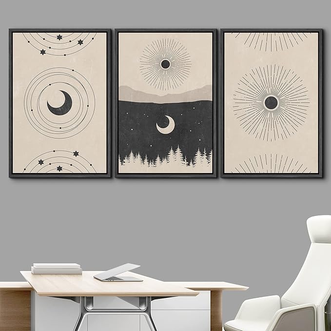 IDEA4WALL Framed Canvas Print Wall Art Set Crescent Moon Shining Sun Forest Galaxy Astronomy & Space Nature Illustrations Modern Art Rustic for Living Room, Bedroom, Office - 24"x36"x3 Black