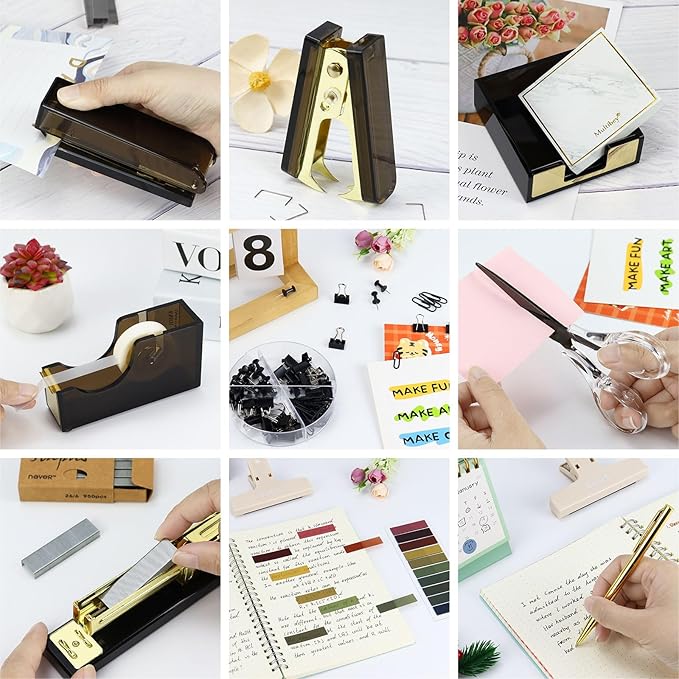 MultiBey Black Gold Acrylic Sticky Notes Holder Stapler and Tape Dispenser Cutter with Sticky Notes, 950 Staples & Tape, Staple Remover, Scissor, Ballpoint Pen, Paper Clips Set for Women Office Home
