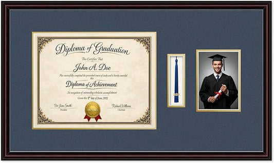 Diploma Tassel and Photo Frame Executive Brown Shadowbox Navy Blue Over Gold Mat - Fits 14 x 11 Degree Picture Made in the USA