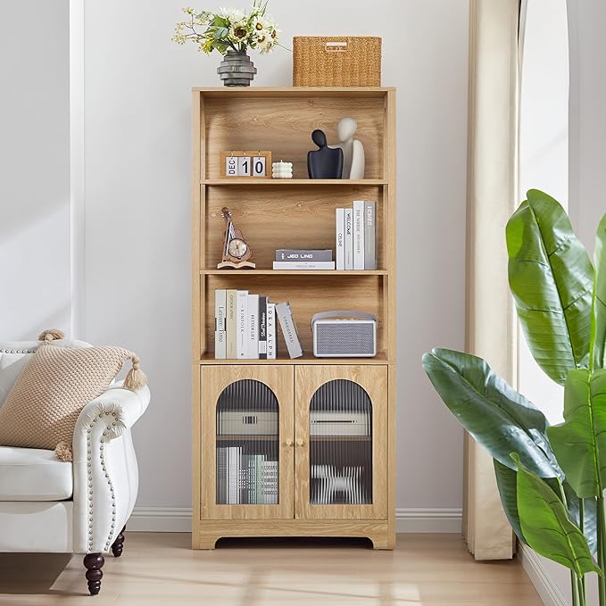 71" Tall Bookshelf with Glass Doors, 5-Tier Bookcase with Storage & Adjustable Shelf, Freestanding Wood Book Shelf Modern Arched Farmhouse Display Cabinet for Living Room, Office (Natural)