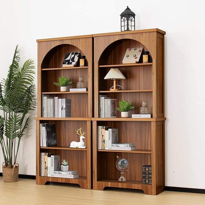 71" Tall Narrow Arched Bookshelf, Mid Century Modern 5-Tier Arched Narrow Storage Bookcase with Adjustable Open Display Shelf for Office, Living Room (Walnut)