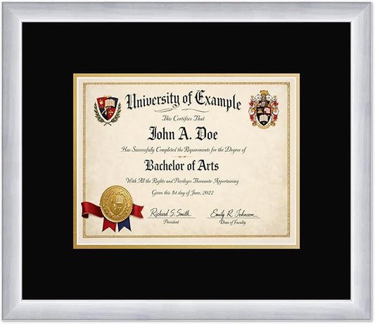 CountryArtHouse Diploma Frame Fits 11 x 8.5 US Letter Certificate - Keepsake Graduation Display Stainless Silver Genuine Hardwood with Black Over Metallic Gold Double mat