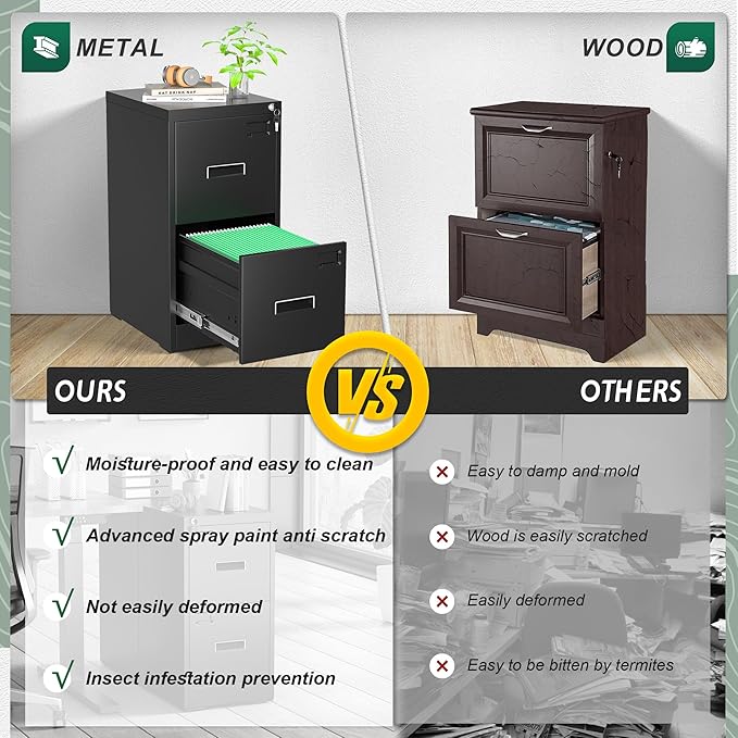 Superday 2 Drawer File Cabinets, 18” D Vertical File Cabinet with Lock, Locking Filing Cabinet for Home Office, Black Metal Filing Cabinets for Hanging Letter/Legal Folders, Easy Assemble