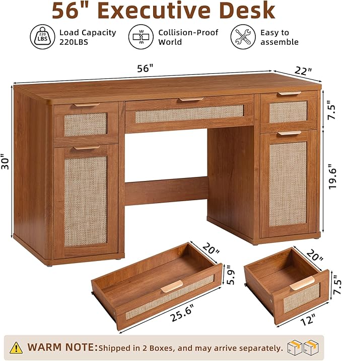 LEYAOYAO Office Desk 56" with 5 Drawers Storage File Cabinet Rattan Wood Desk for Computer Office Bedroom Home Furniture Brown