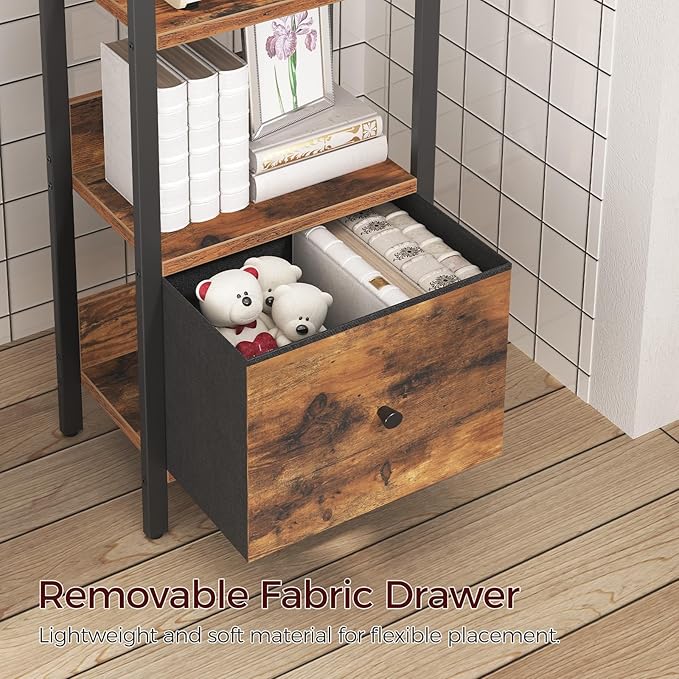 Bookshelf, 5-Tier Bookcase with Drawer, Small Book Shelf for Small Space, Storage Shelf Organizer, for Living Room, Bedroom, Study, Kitchen, Rustic Brown and Black BKHR55101