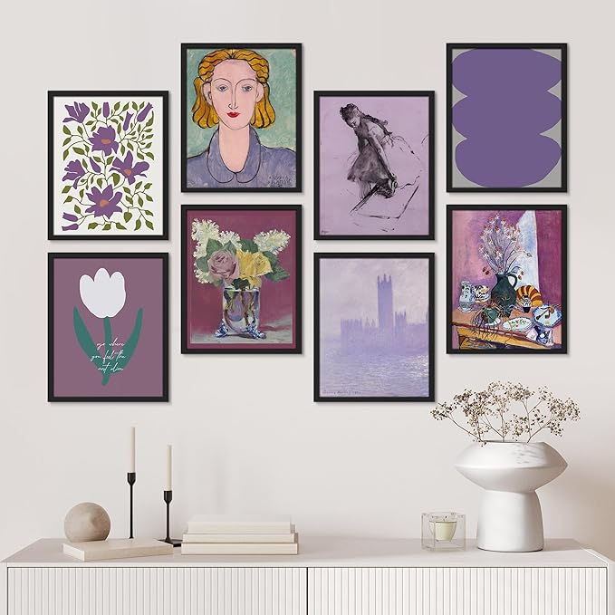 SIGNWIN Framed Poster Bathroom Decor, Wall Art Room Decor Multicolor for Living Room, Bedroom, Office Purple Female Portrait Lavender Flowers Vintage Illustrations Bohemian - 12"x16"x 8 Black