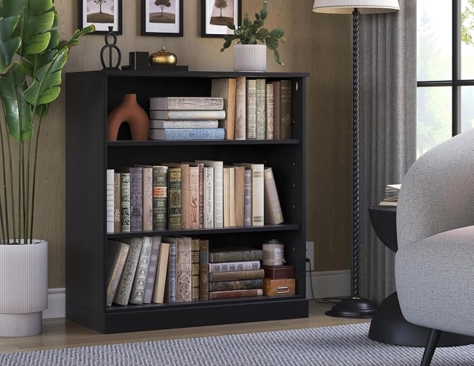 Palace Imports Solid Wood Bookshelf - 32” W x 36" H - 3 Shelf Bookcase - Black, Short Bookcase with Adjustable Shelves for Living Room Display Furniture, 100% Eco-Friendly Wood, Modular Cabinets