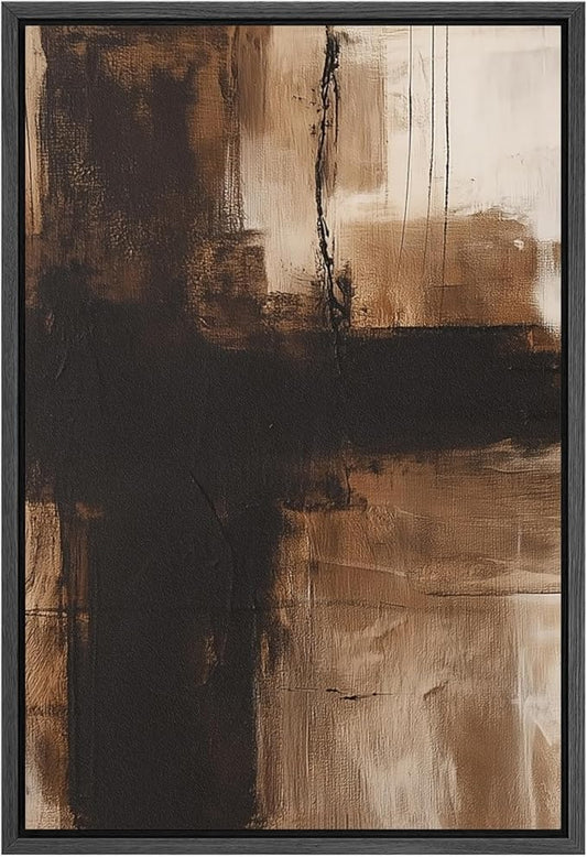 SIGNFORD Framed Canvas Print Wall Art Brown and Black Abstract Cross Brushstroke Illustrations Digital Art Modern Art Decorative Multicolor Rustic Minimal for Bedroom - 16"x24" BLACK