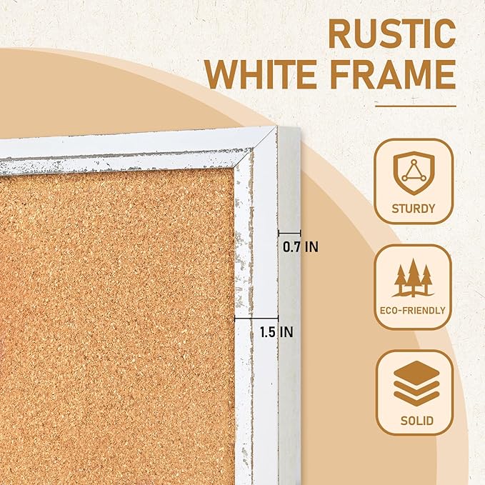 DOLLAR BOSS White Cork Board for Wall - 30 X 20 Inches, Rustic Wooden Frame Bulletin Board, Decorative Hanging Pin Board for Office & Home Decor