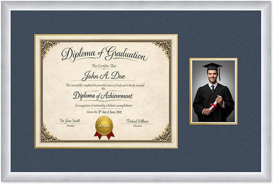 Diploma Frame With Photo Opening Stainless Silver Navy Blue Over Gold Mat - Fits 15 x 12 Degree and Picture Made in the USA