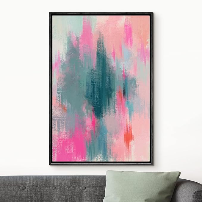 MUDECOR Framed Canvas Print Wall Art Neon Pink Blue Watercolor Collage Abstract Shape Illustrations Modern Art Decorative Bohemian Colorful Chic for Living Room, Bedroom, Office - 16"x24" Black