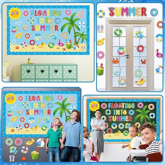 Summer Swim Ring Bulletin Board Decorations Floating Into Summer Cutouts Hawaiian Tropical Theme Swim Ring DIY Photo Craft Bulletin Board Set for Classroom School Office Home Wall Decor Supplies