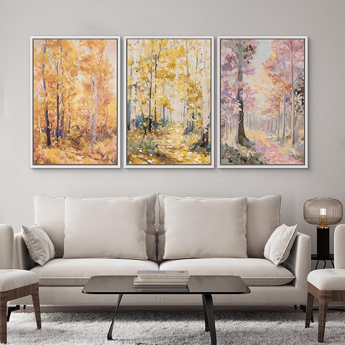 SIGNWIN Framed Canvas Print Wall Art Set Golden Autumn Forest Watercolor Woodland Path Illustrations Modern Art Decorative Abstract for Living Room, Bedroom, Office - 24"x36"x3 White