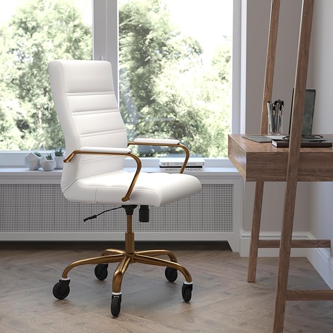 Flash Furniture Whitney High Back White LeatherSoft Executive Swivel Office Chair with Gold Frame, Arms, and Transparent Roller Wheels