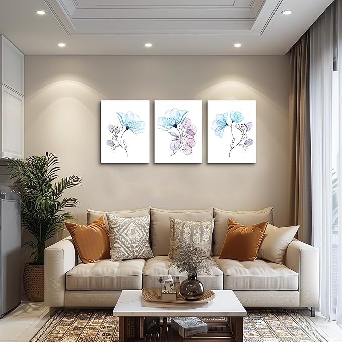3 Piece Modern Blue Flowers Canvas Wall Art for Bedroom Living Room decor,Bathroom Wall Decor,3 Panels framed Wall Watercolor Painting Kitchen Home Decoration Canvas Print Artwork Wall Mural