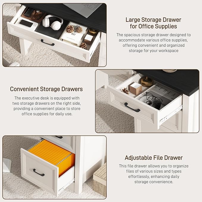 Vabches Farmhouse Executive Desk with Drawers, Home Office Desk with File Drawer, Wood Computer Desk with Ample Storage, Rustic Office Desk with Spacious Tabletop for Work, Black
