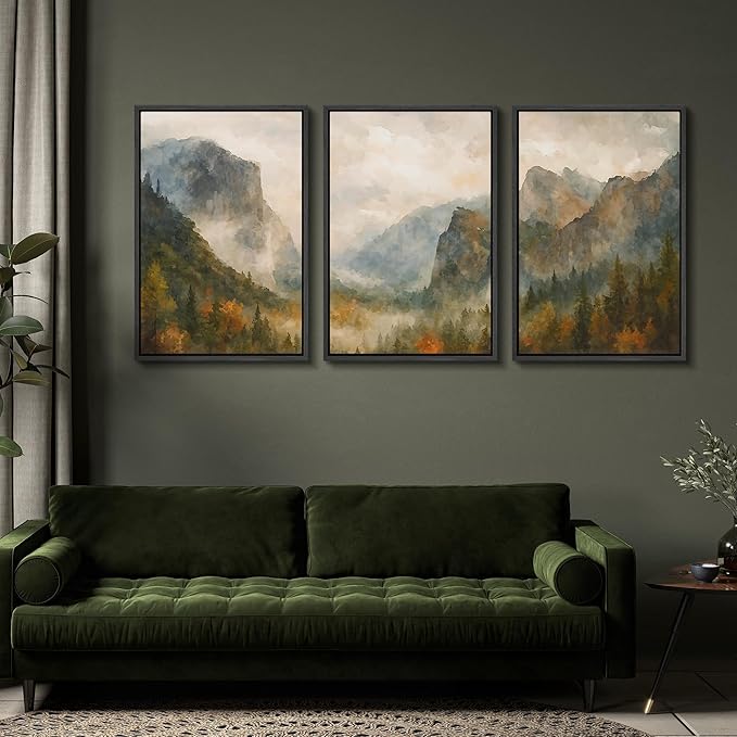 SIGNFORD Framed Wall Art Print Set Misty Mountain Valley Watercolor Serene Nature Landscape Digital Art Modern Art Contemporary for Living Room, Bedroom, Office - 24"x36"x3 Black