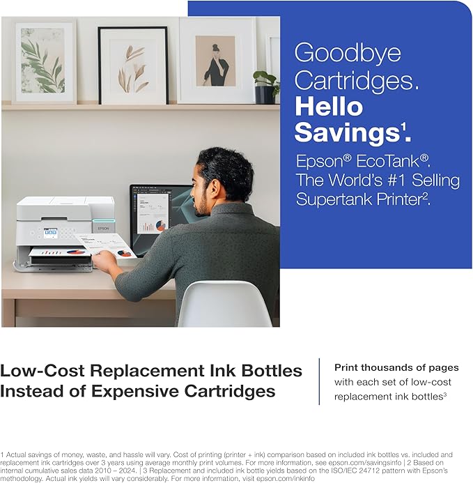 Epson EcoTank ET-3950 Wireless All-in-One Color Supertank Printer with up to 3 Years of Ink, Refillable Tanks, Perfect for Home Office, 18 PPM, 2.4" Color Screen, Auto Document Feeder (Renewed)