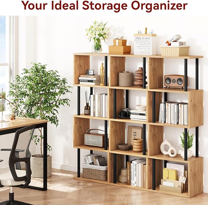 IBUYKE 5-Tier Tall Bookshelf,S-Shaped Geometric Bookcase, Wood Display Shelves with Storage,Modern Bookshelf for Living Room Bedroom, Home Office,Oak WBC015K