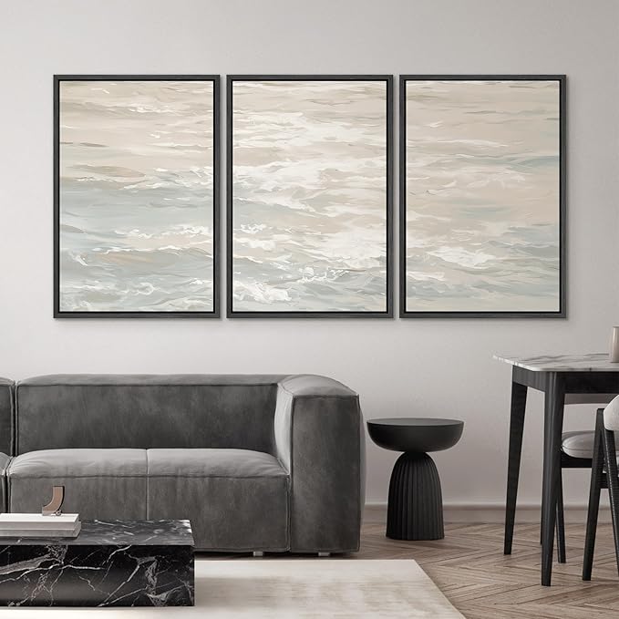 SIGNWIN Framed Canvas Print Wall Art Set Serene Neutral Ocean Waves Abstract Illustrations Modern Art Decorative Nordic Abstract for Living Room, Bedroom, Office - 24"x36"x3 Black
